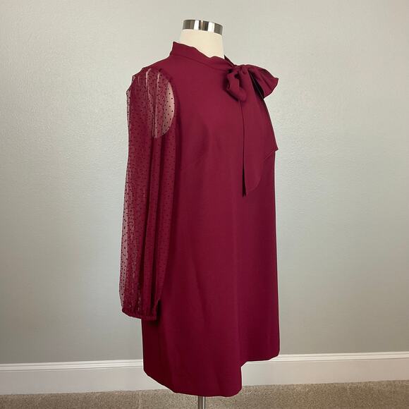 Vince Camuto Long Sleeve Mini Shift High Tie Neck Size 14W Bordeaux Red Holiday - Picture 2 of 13